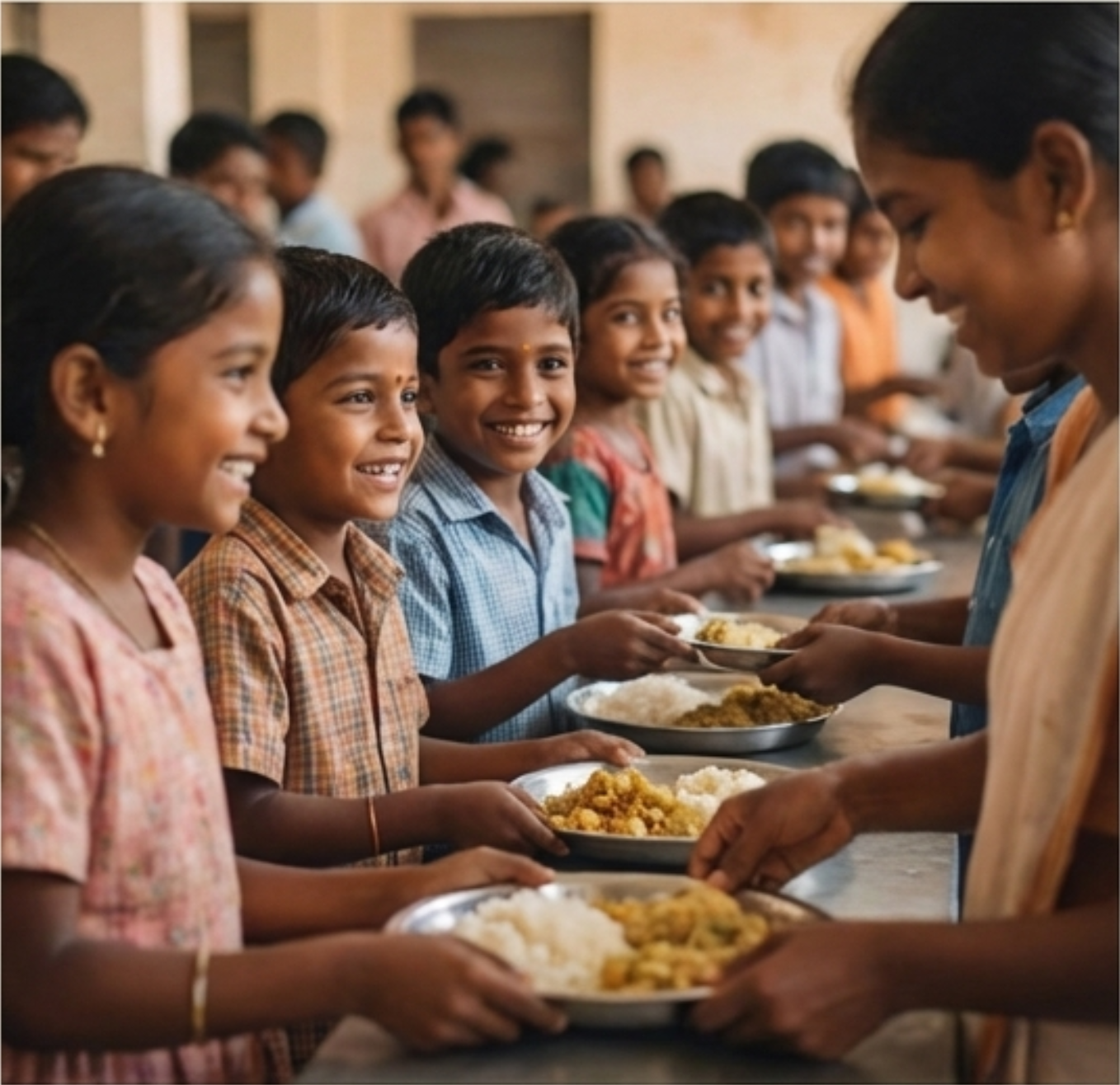Children being served food by Akshaya Patra, a flagship project of ISKCON India
